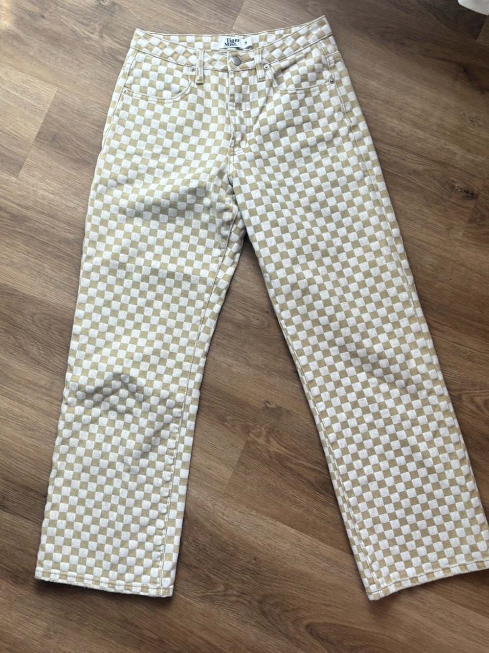 Tiger Mist Beige & White Checkerboard Jeans